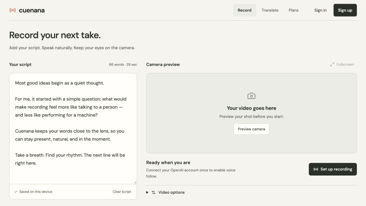 Cuenana studio showing the script editor and camera preview